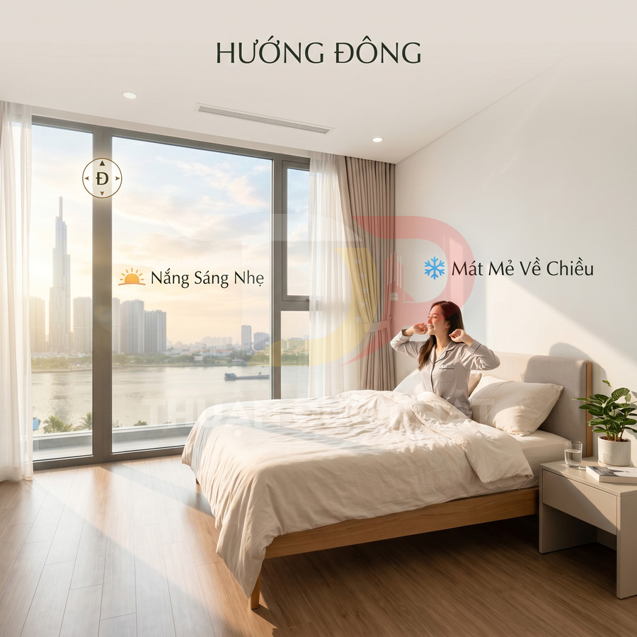 Phòng ngủ căn hộ hướng đông với cửa kính lớn đón nắng sáng nhẹ và view sông, nội thất giường gỗ hiện đại